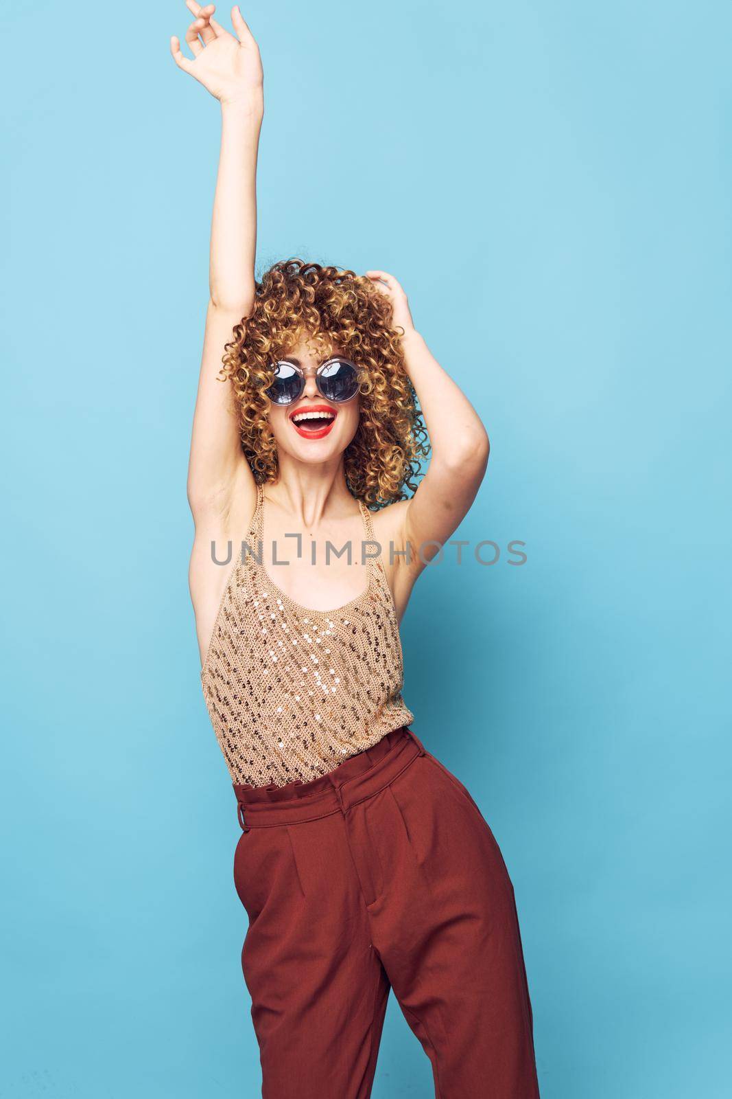 Model Curly hair hung disco fashion clothes studio brown pants by SHOTPRIME