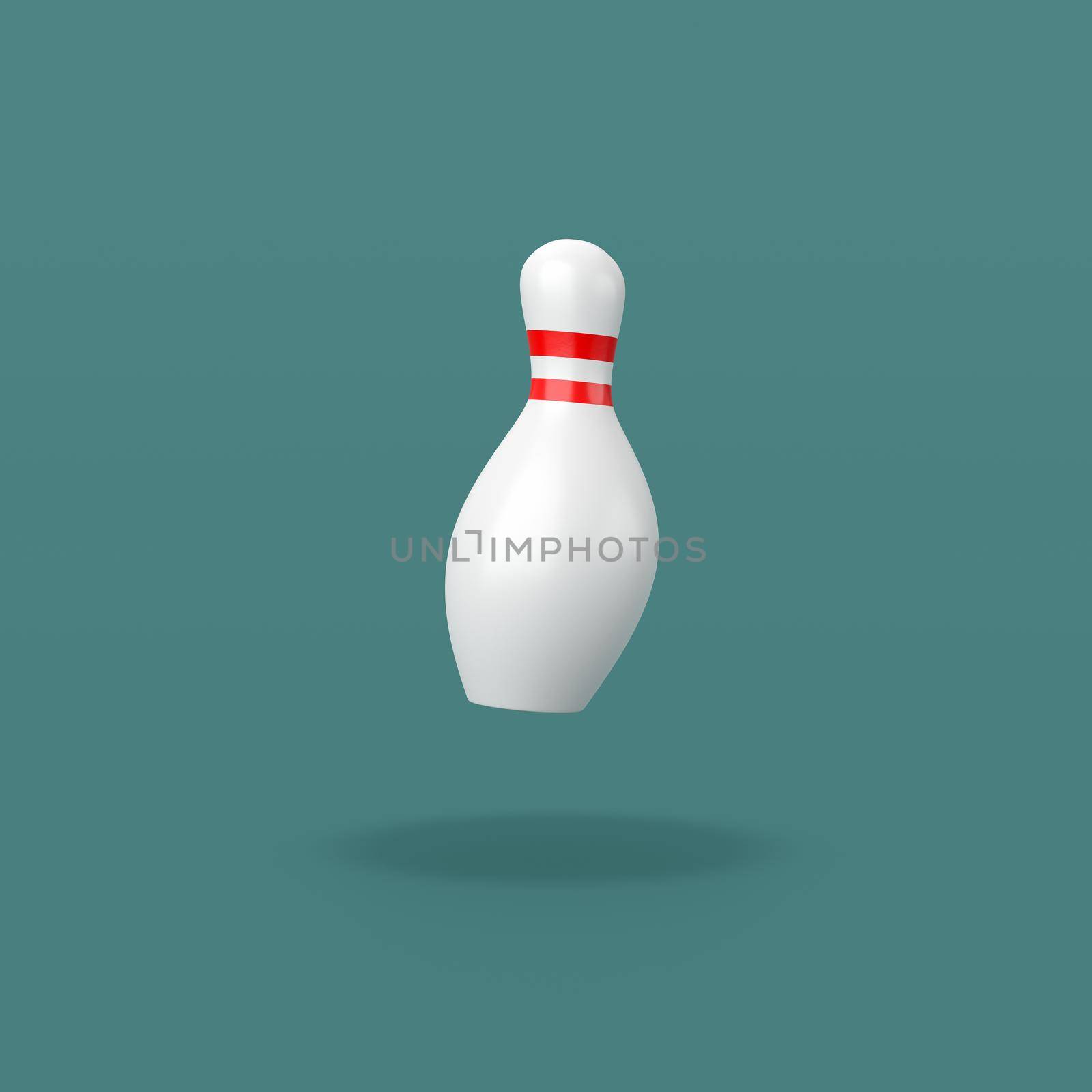 One Red and White Bowling Skittle Isolated on Flat Blue Background with Shadow 3D Illustration