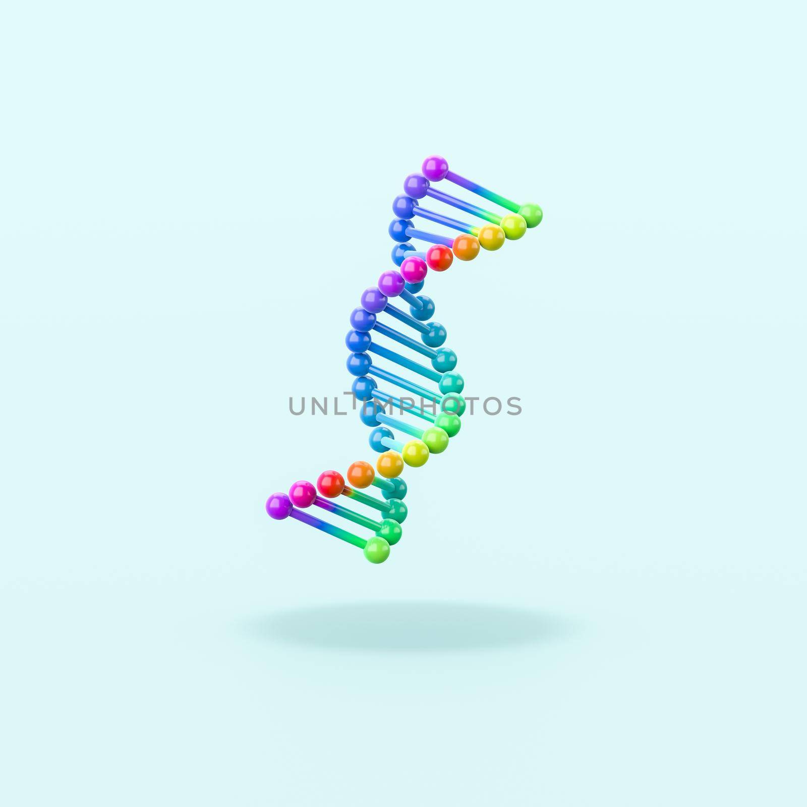 Colorful DNA Chain Isolated on Flat Blue Background with Shadow 3D Illustration
