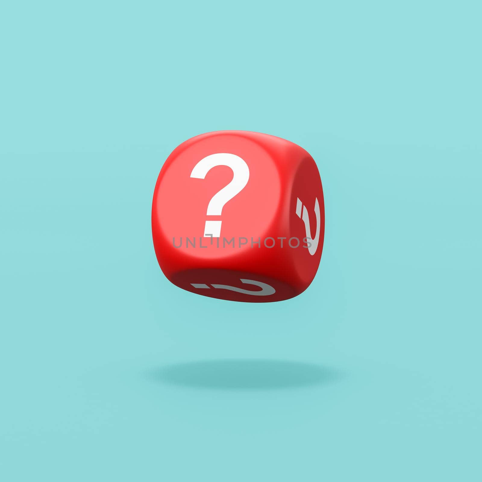 One Single Red Dice with Question Mark on Every Face Isolated on Flat Blue Background with Shadow 3D Illustration