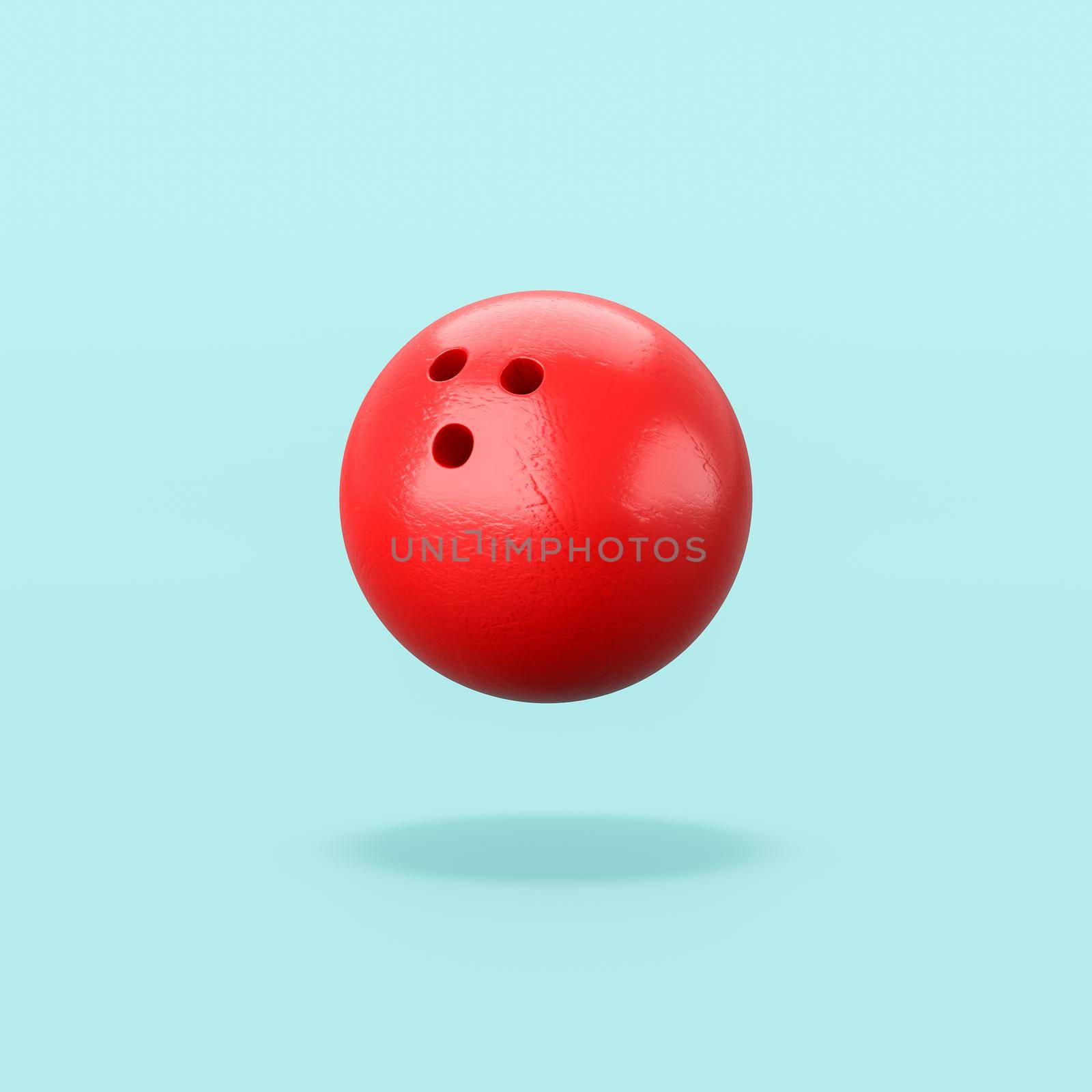 Red Bowling Ball Isolated on Flat Blue Background with Shadow 3D Illustration