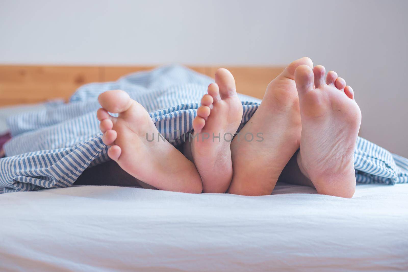 Couple is enjoying the morning in bed: Close up of uncovered feet in the bed, blanket by Daxenbichler