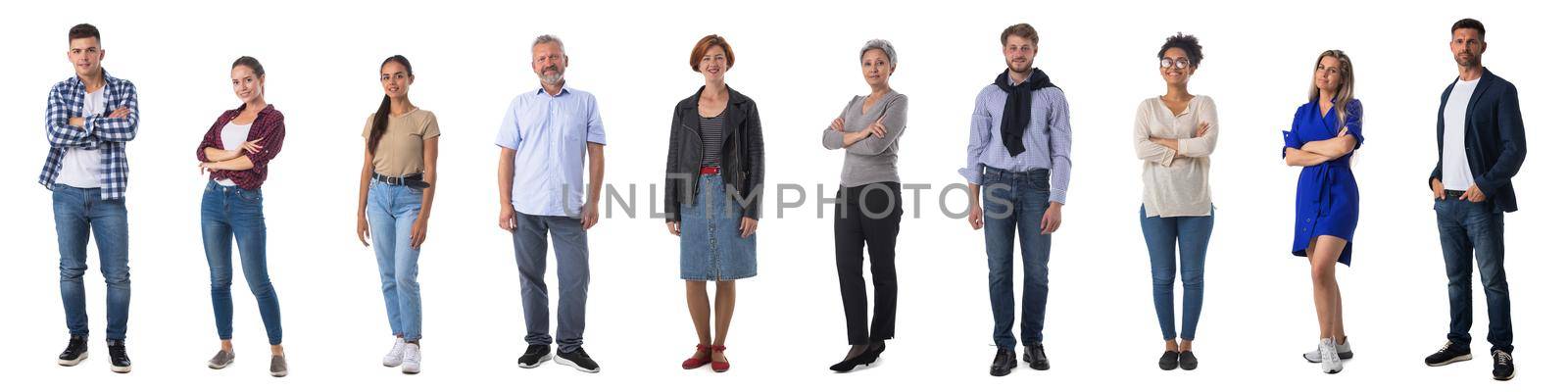 Collection of full length portrait of people in casual clothes isolated on white background