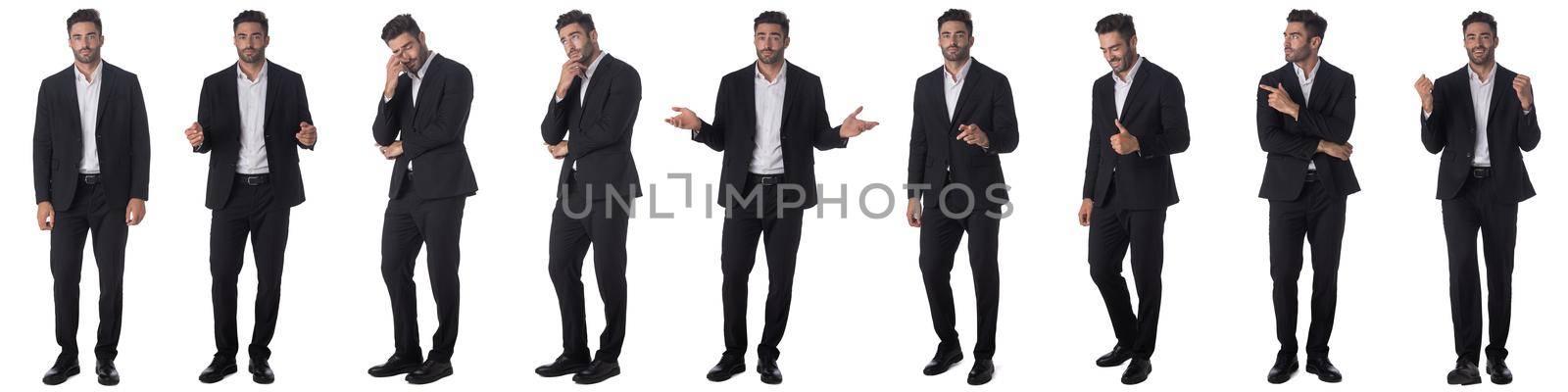 Set of young business man portraits doing different gestures isolated on white background