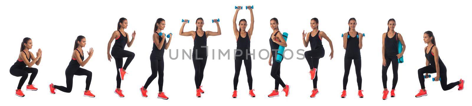 Set of full legth portraits od healthy hispanic fitness girl with doing workout squat exercise dumbbell isolated on white background