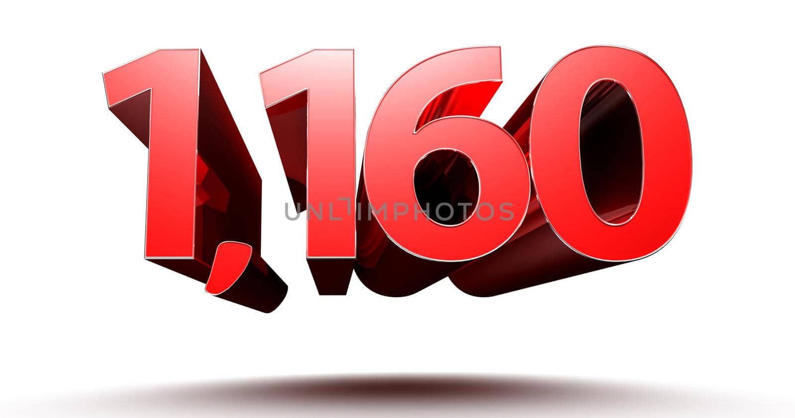 3D illustration Red number 1160 isolated on white background with clipping path.