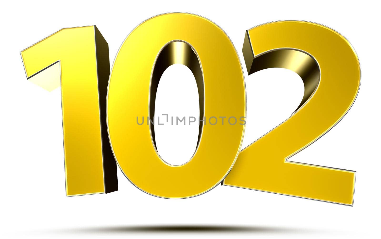 Gold 3d number 102 on white background.With clipping path.