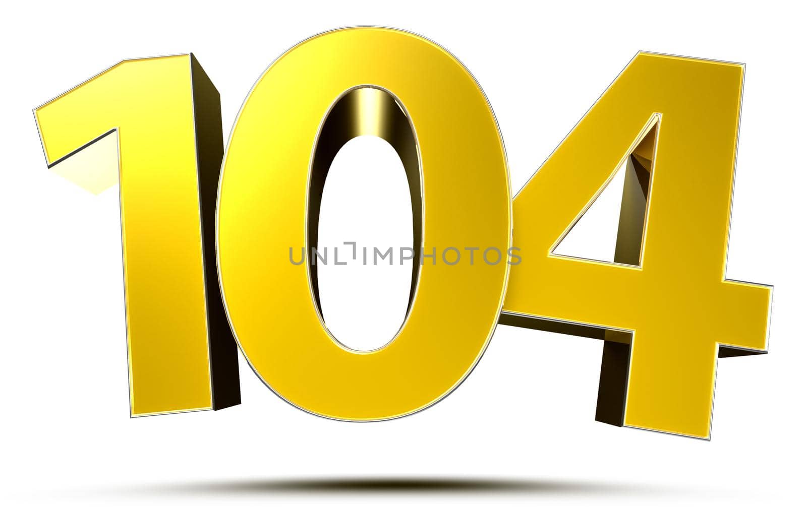 Gold 3d number 104 on white background.With clipping path.