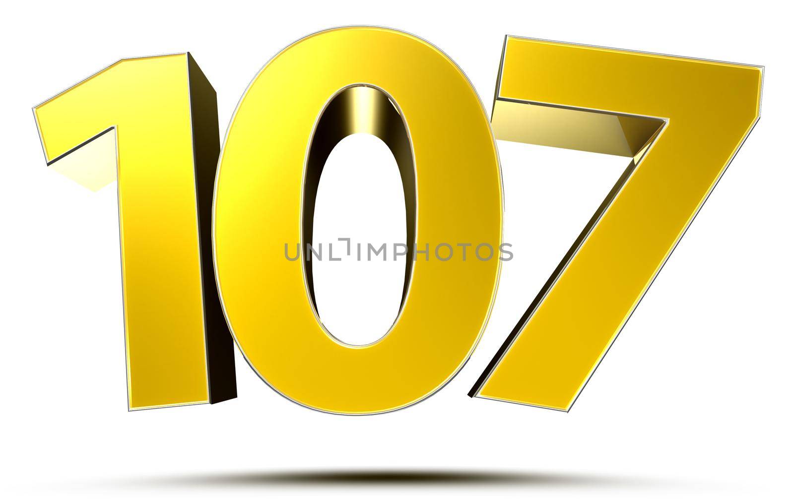 Gold 3d number 107 on white background.With clipping path.