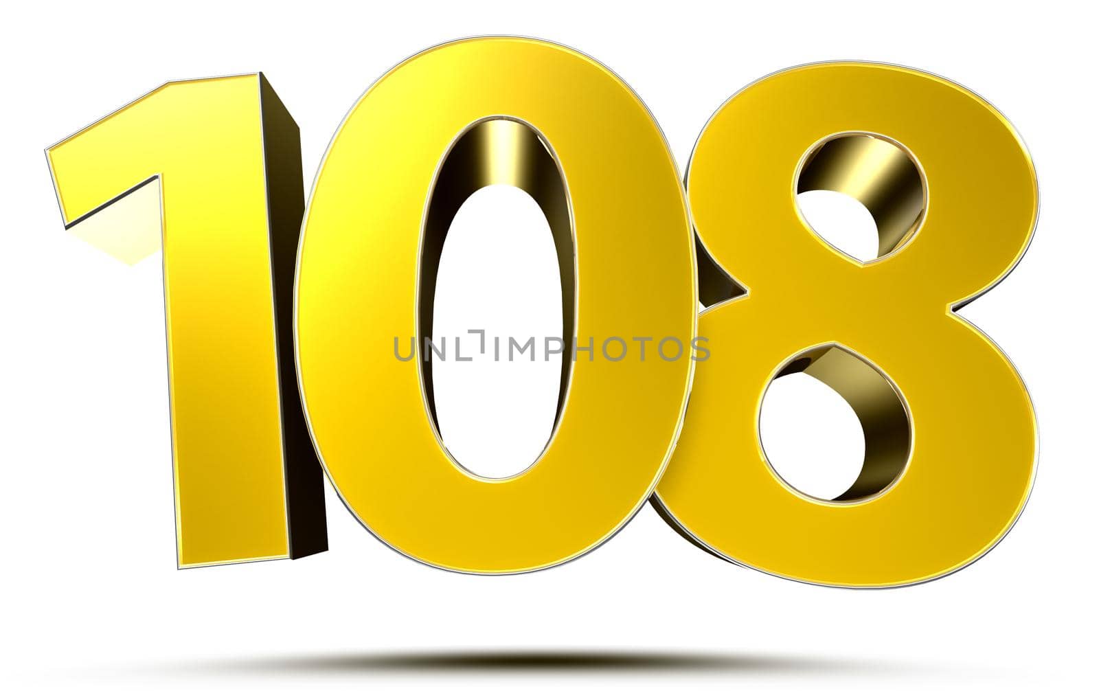 Gold 3d number 108 on white background.With clipping path.