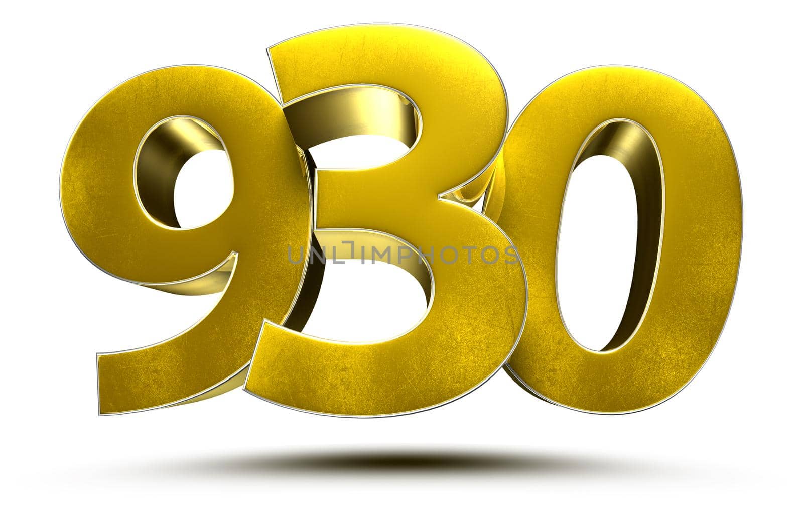 Gold 3d number 930 on white background.With clipping path.