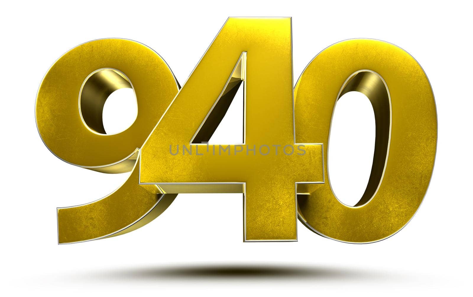 Gold 3d number 940 on white background.With clipping path.