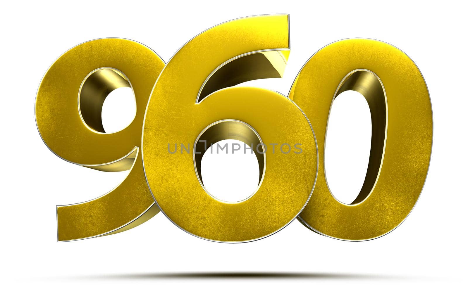 Gold 3d number 960 on white background.With clipping path.