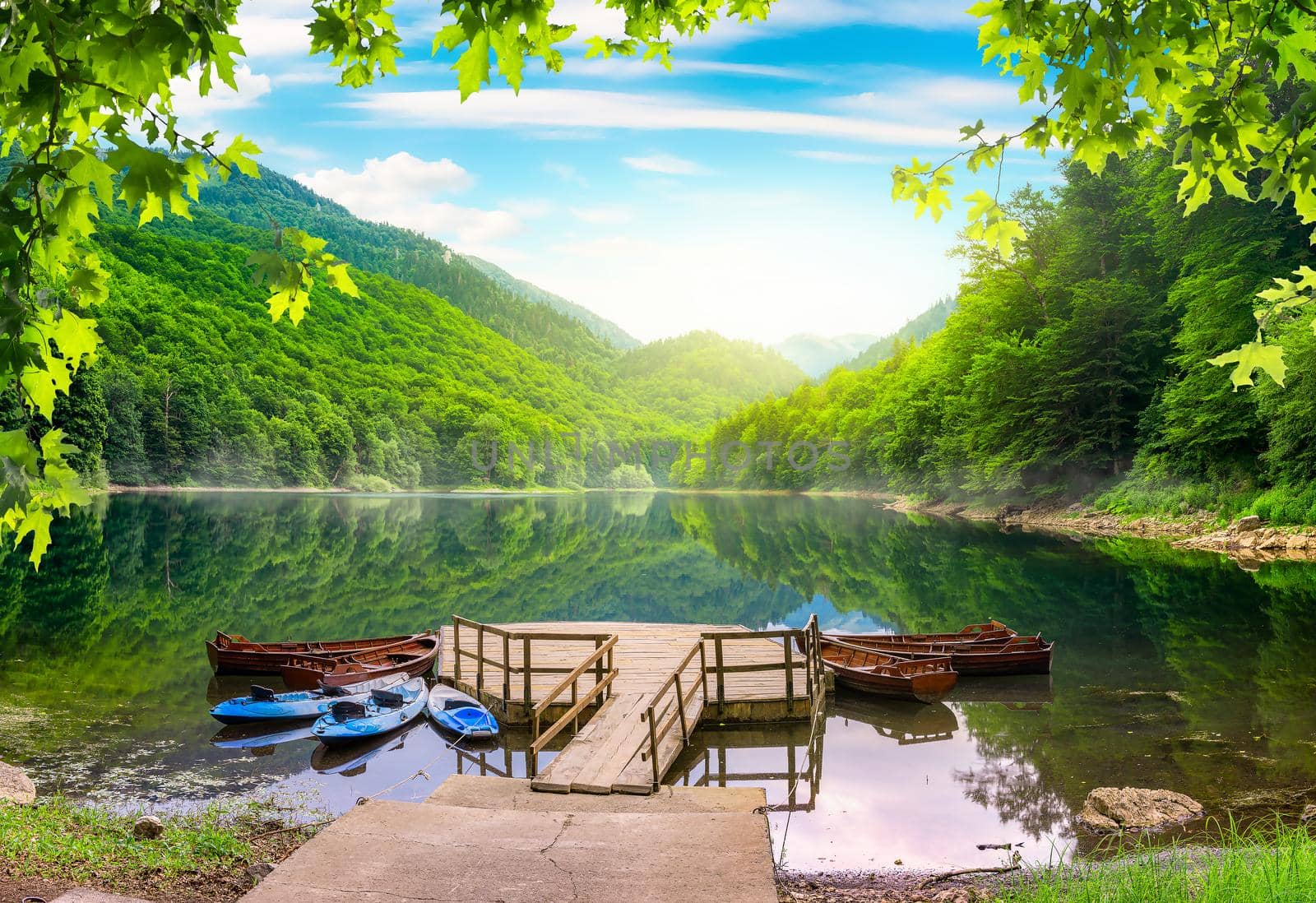 Boats on Biogradska Lake in National Park Biogradska Gora. Montenegro