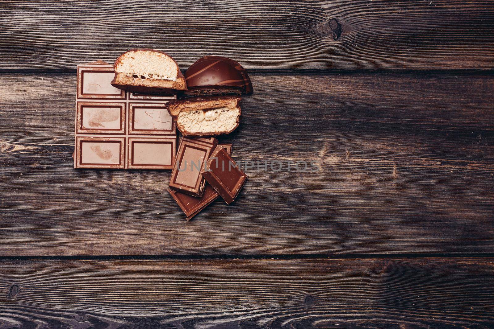 wooden table chocolate bar marshmallow delight cocoa sweets energy. High quality photo