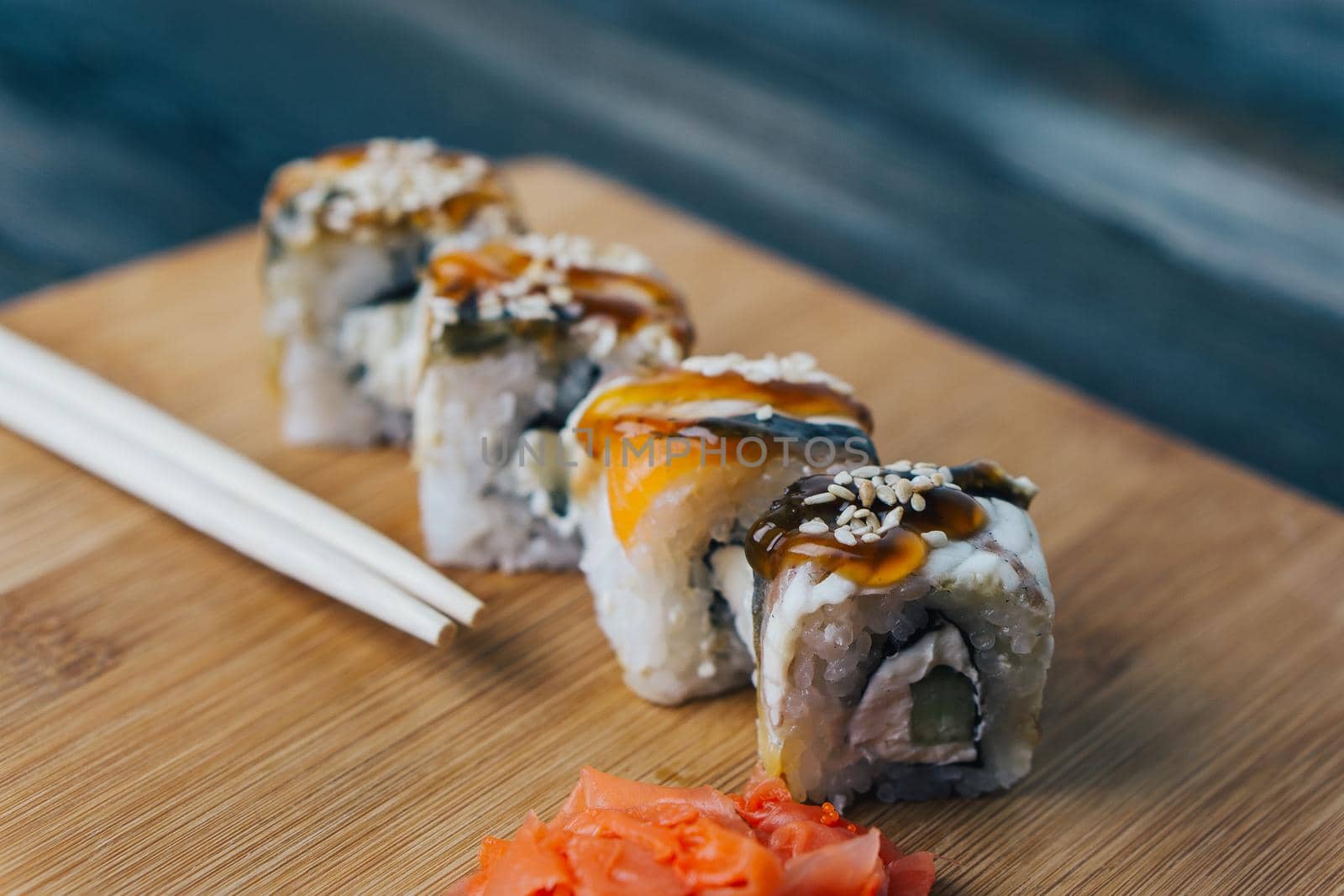 sushi set red ginger chopsticks delivery japanese cuisine. High quality photo