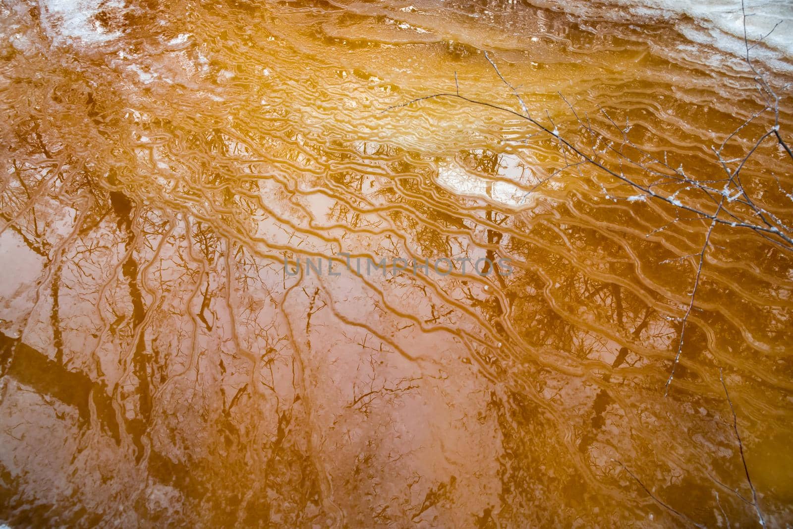 Drawings of winter on the frozen river, the reflection of trees on an ice smooth surface, the wild frozen small river in the winter wood, the wild nature at sunset, the river of red color, ice by vladimirdrozdin