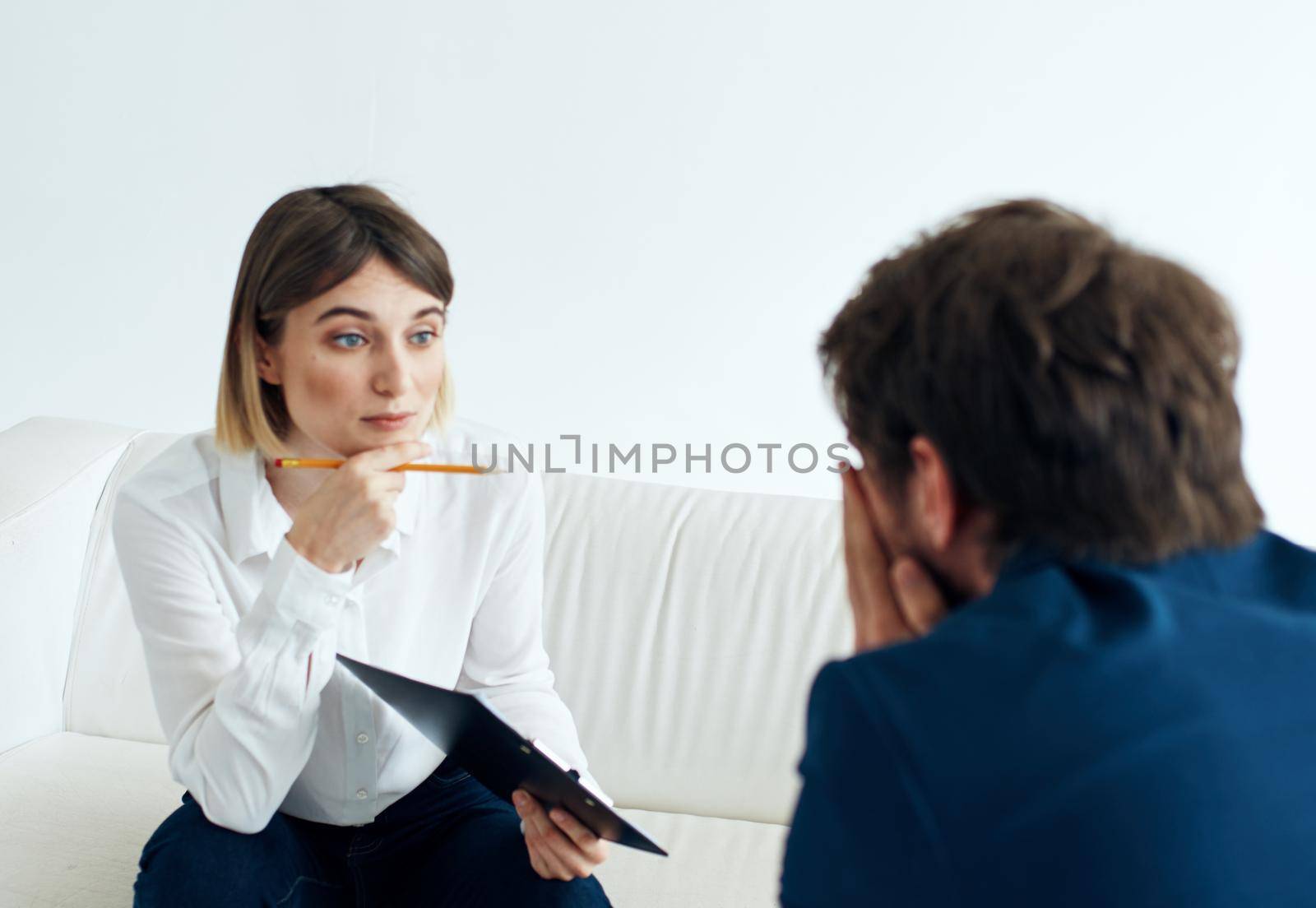 Woman and man suit documents communication people vacancies resume by SHOTPRIME
