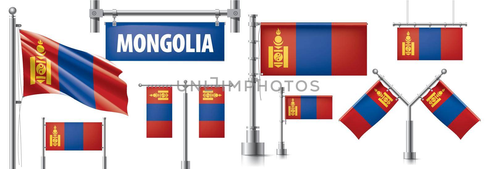 Vector set of the national flag of Mongolia in various creative designs by butenkow