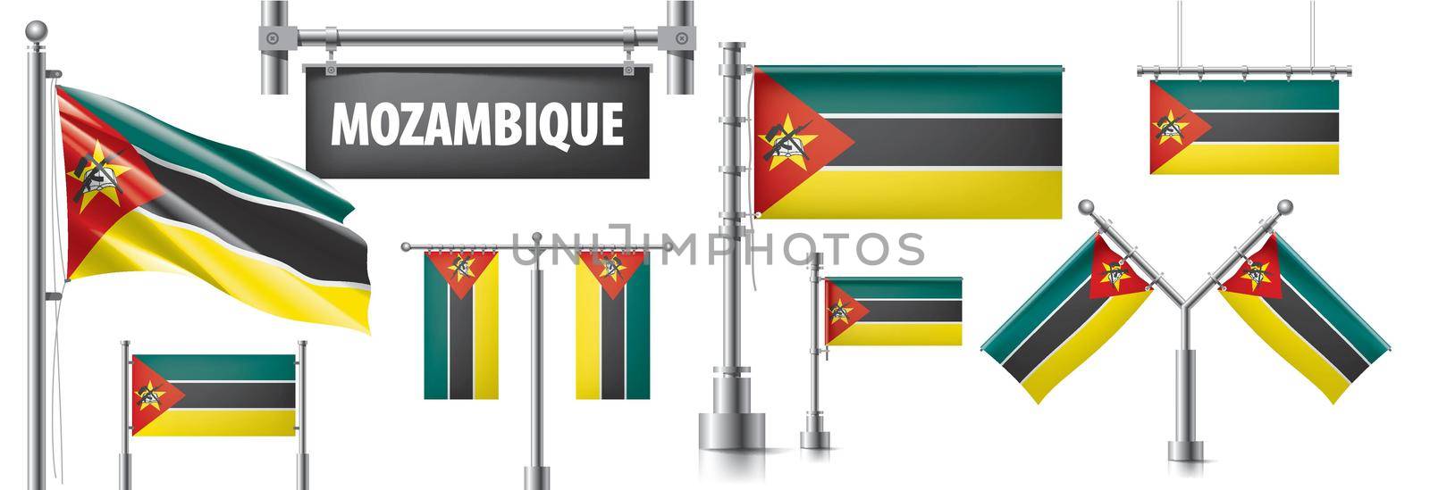 Vector set of the national flag of Mozambique in various creative designs.