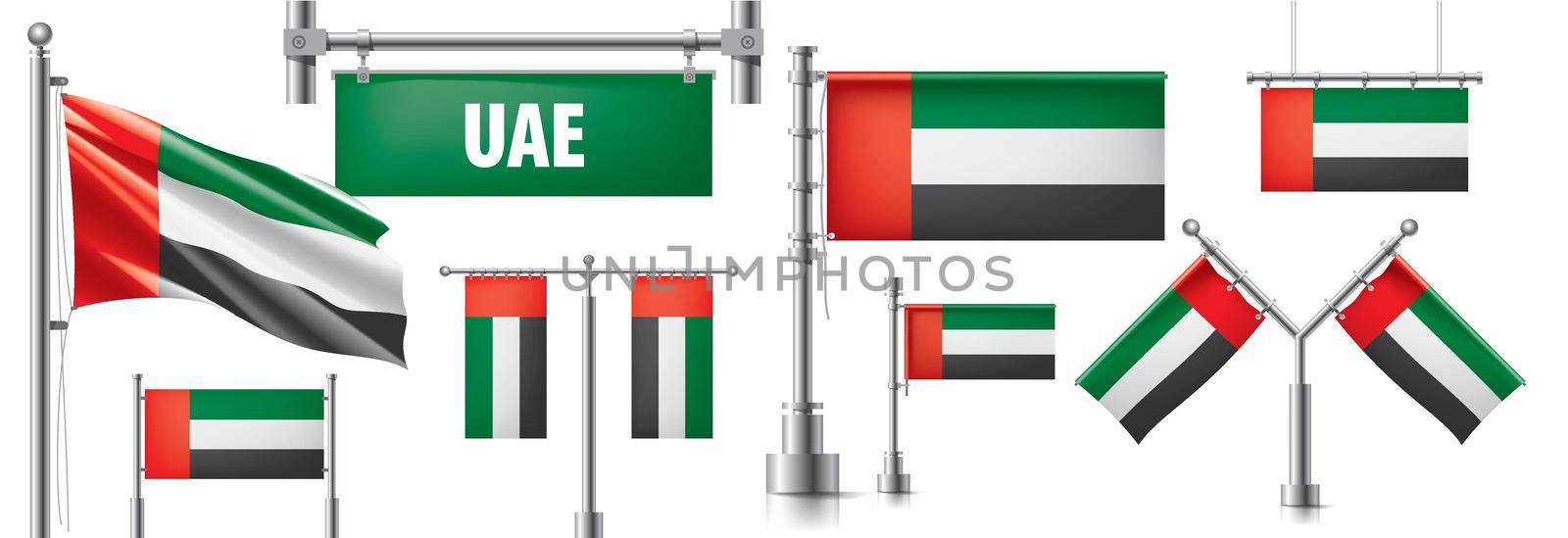 Vector set of the national flag of United Arab Emirates in various creative designs.