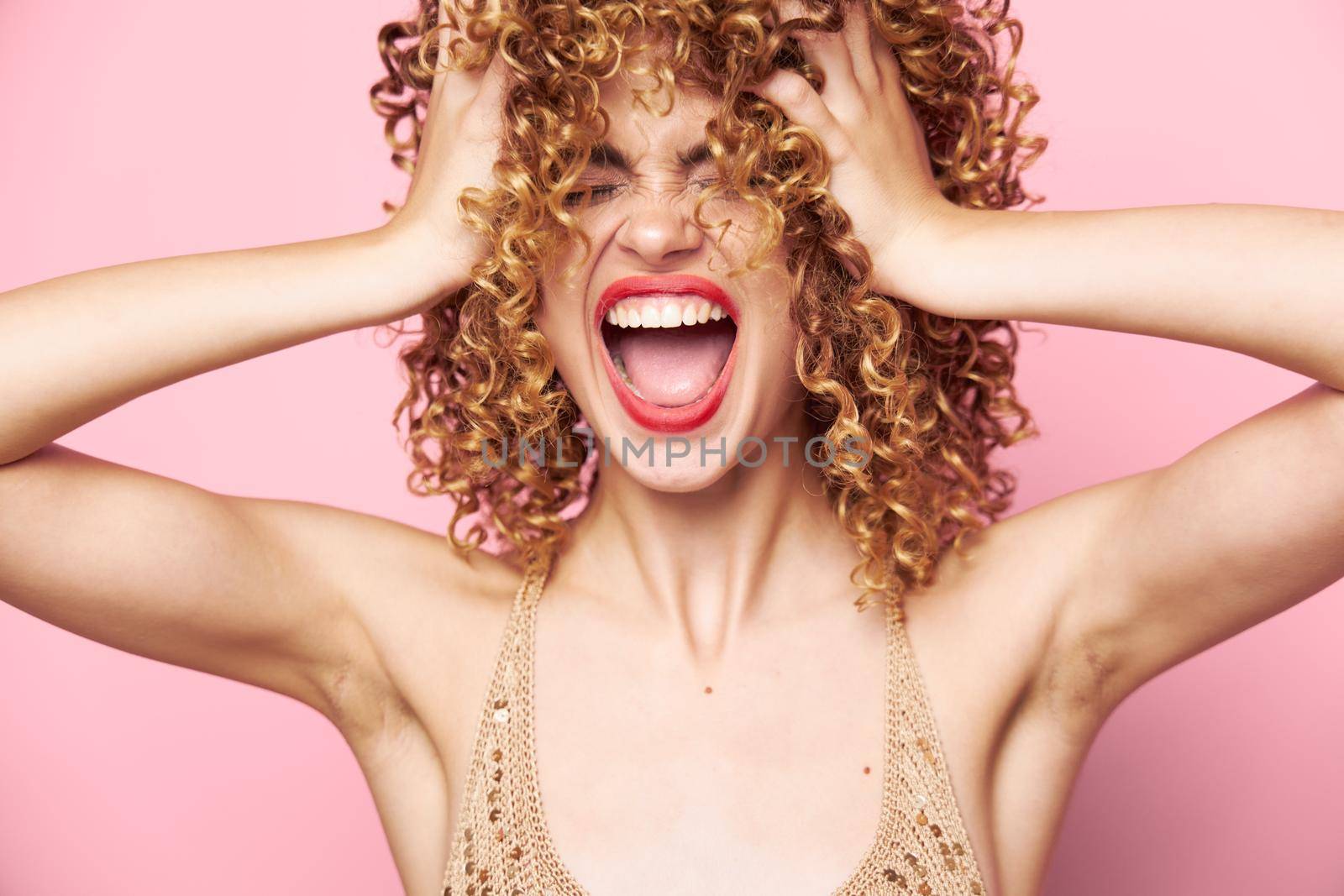 Beautiful woman Curls energy wide open mouth fashionable clothes background by SHOTPRIME