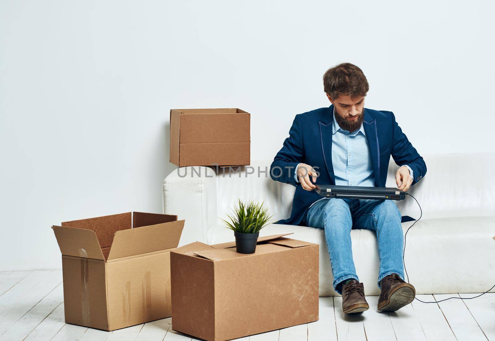 business man office box with lifestyle things official unpacking. High quality photo