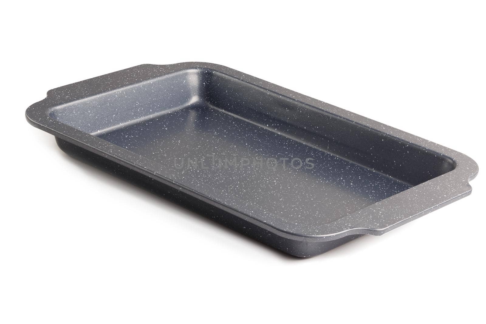 cheap thin oven-tray isolated on white background, new and empty