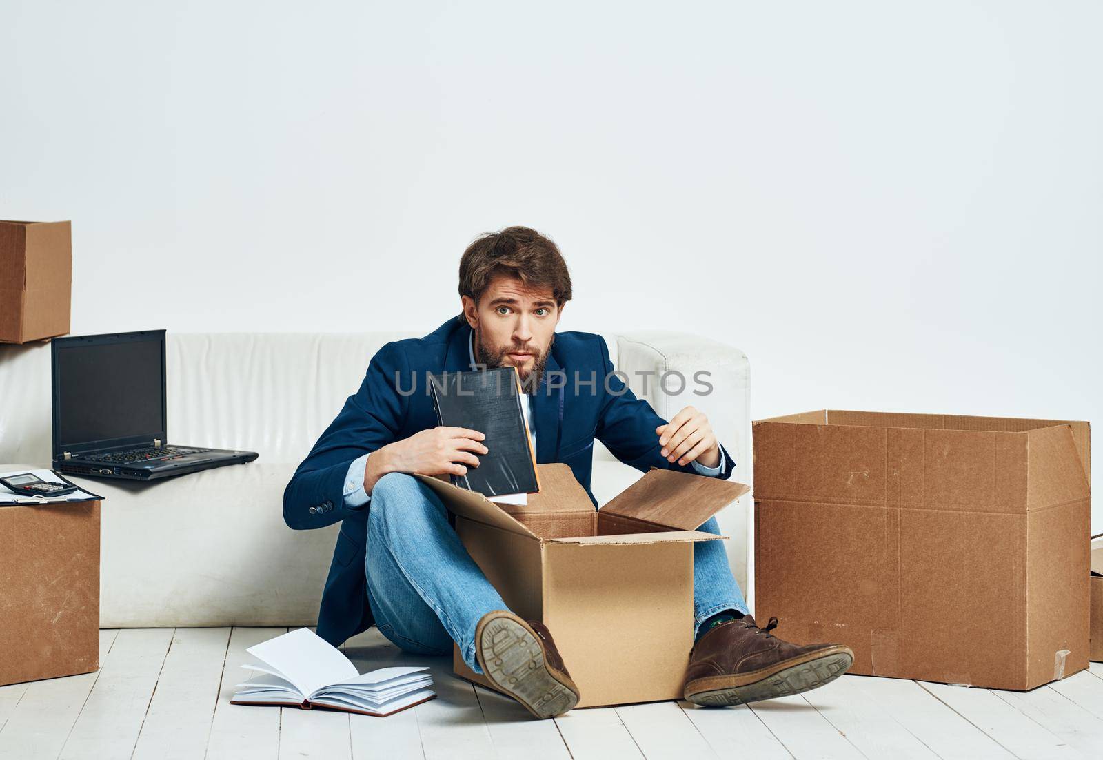 Business man boxes with things moving office lifestyle official. High quality photo