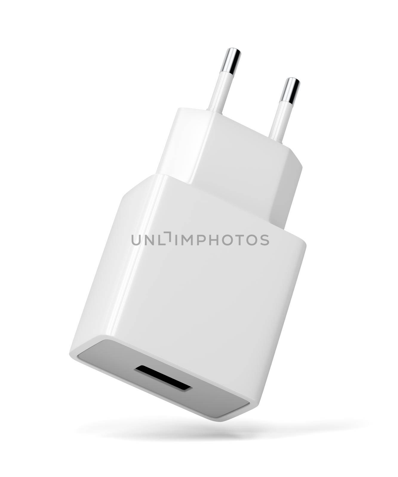 Smartphone, tablet or other electronic device charger with USB port on white background