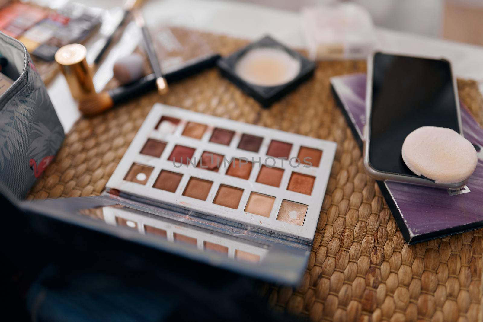 eyeshadow cosmetic bag mobile phone mirror. High quality photo