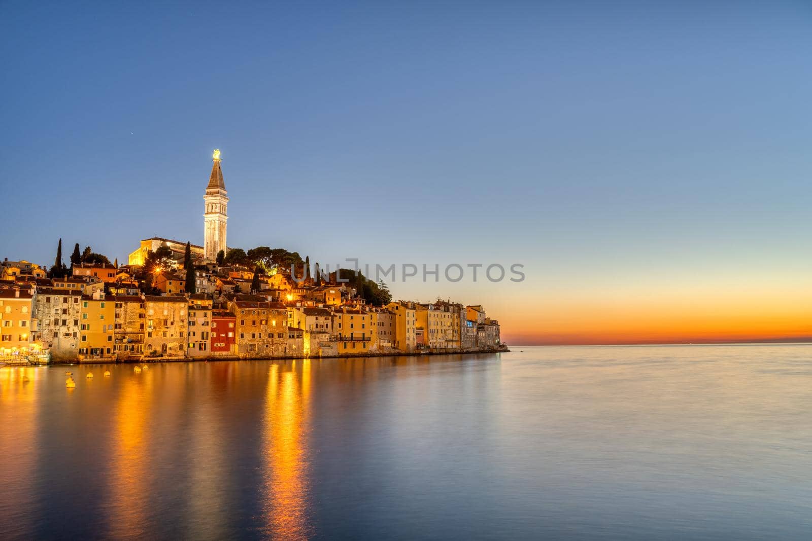 The beautiful old town of Rovinj in Istria, Crotia, after sunset