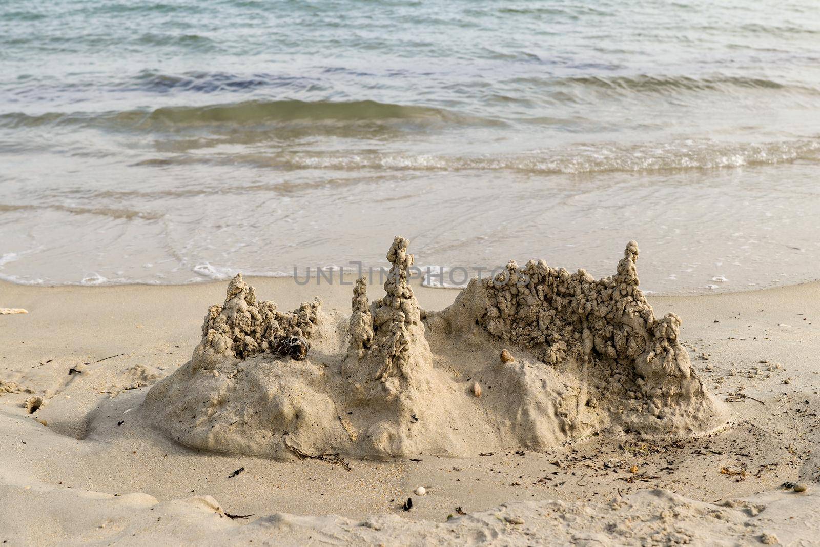 Sand castle on the beach, Men Du beach in Carnac, Brittany, France