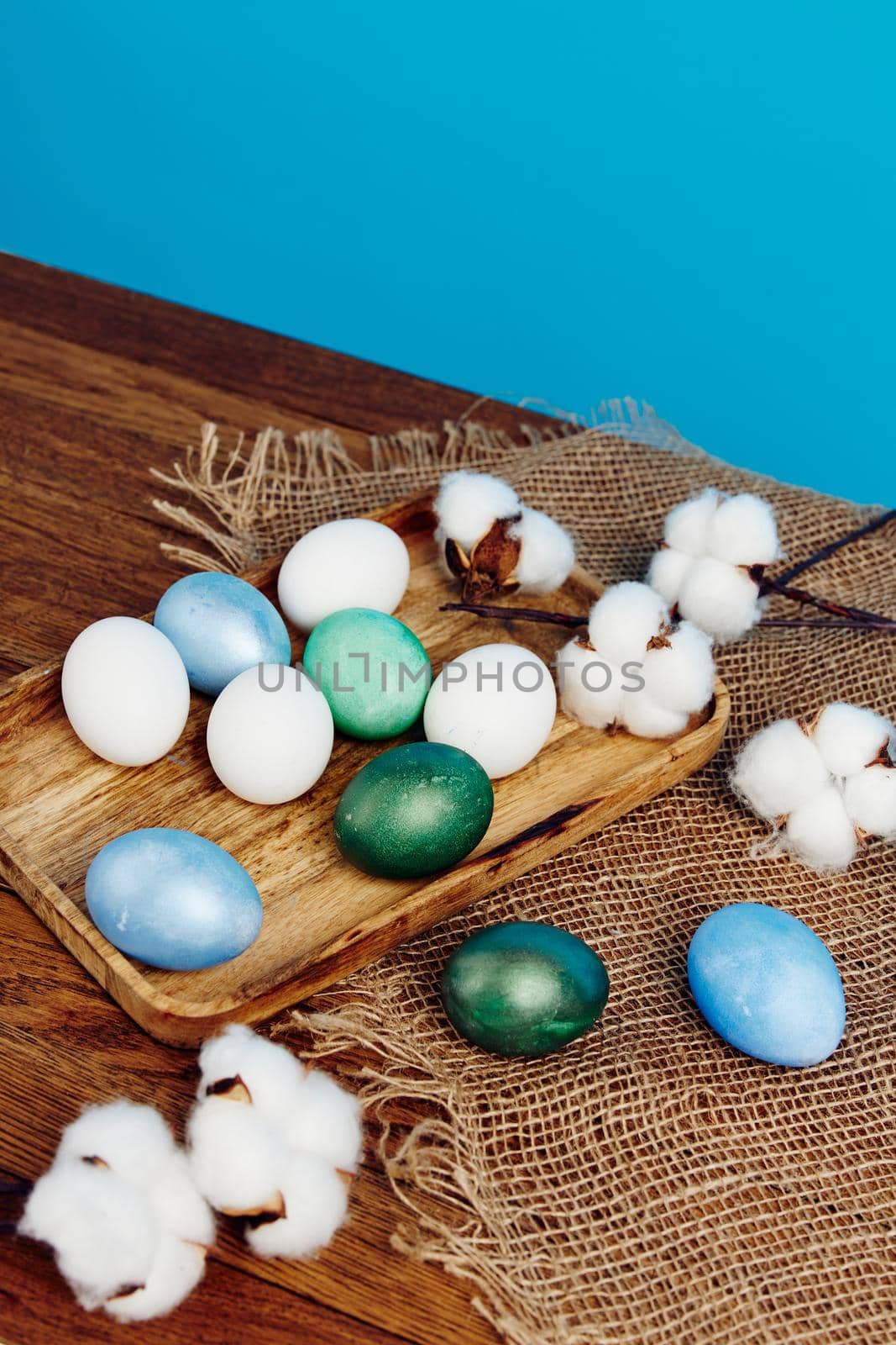 colorful eggs christian holiday easter verbena decoration. High quality photo