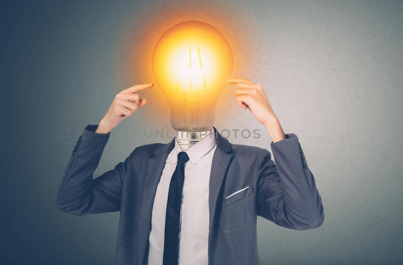 Portrait businessman in suit with light bulb on head, inspiration and innovation for success, thinking and idea of creative, intelligence and vision, brain and solution, business concept.