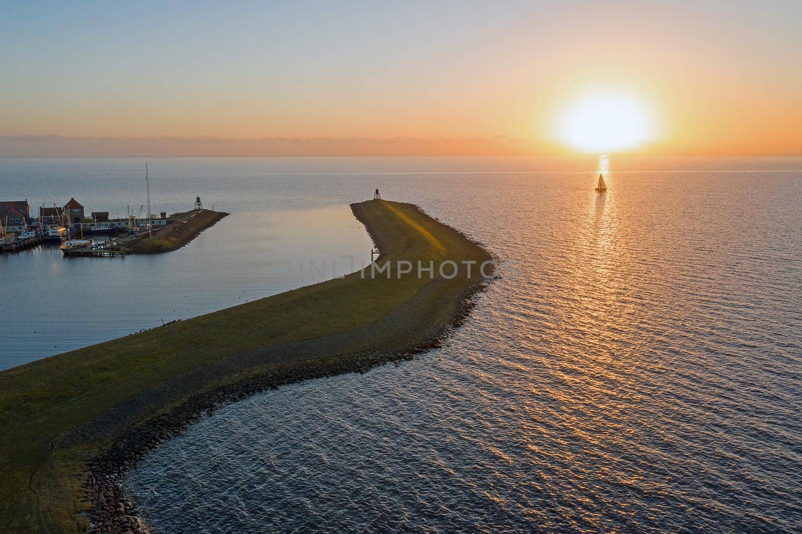 Aerial from the lighthouse from Stavoren at the IJsselmeer in the Netherlands at sunset