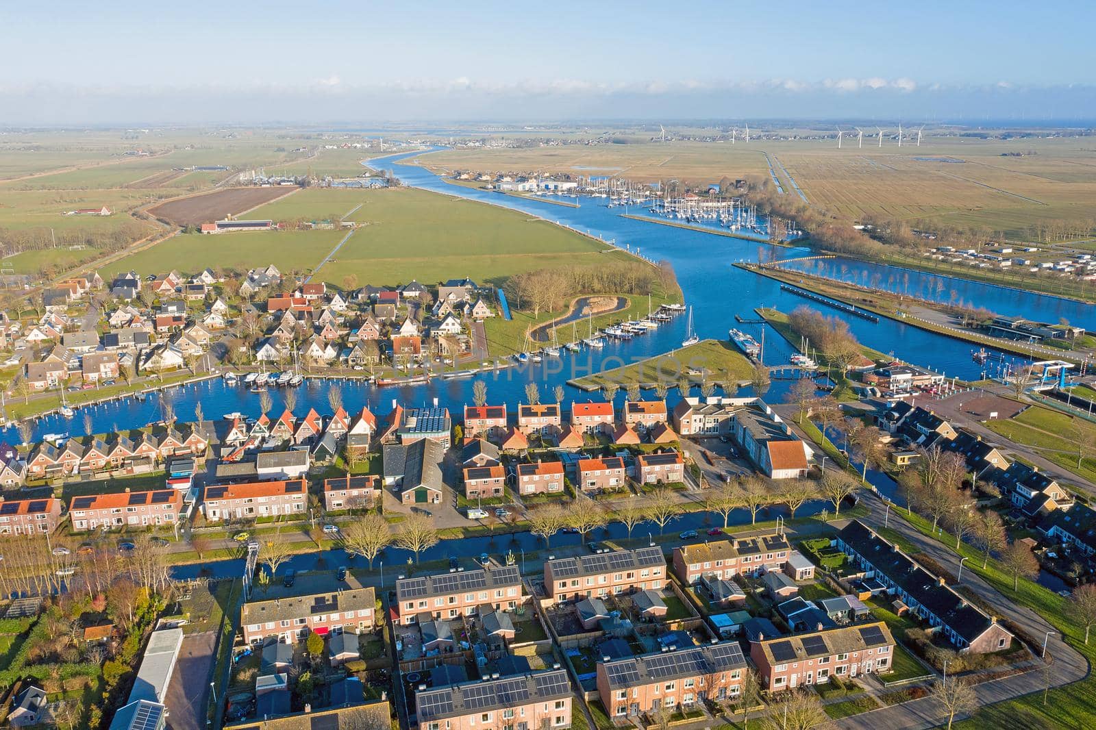 Aerial from the harbor and city Stavoren at the IJsselmeer in the Netherlands by devy