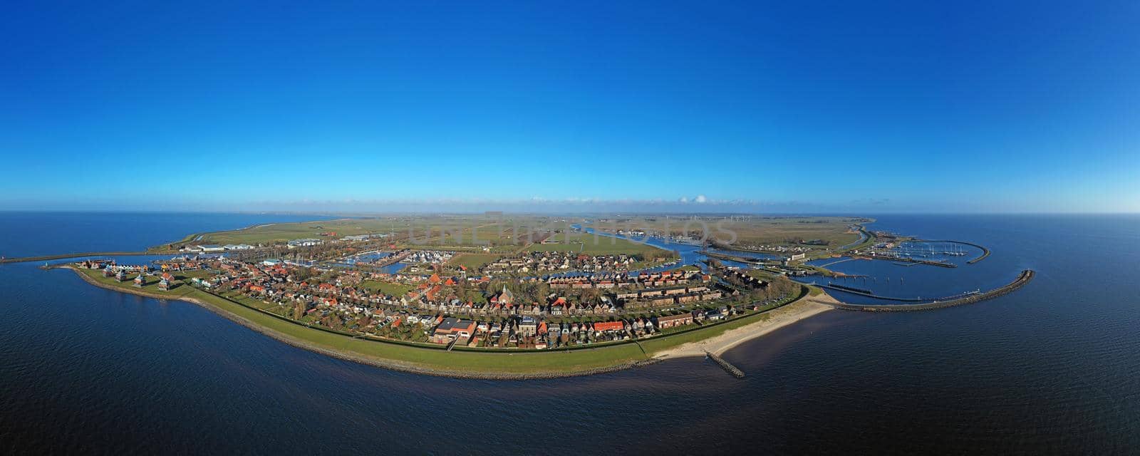 Aerial panorama from the traditional town Stavoren in the Netherlands