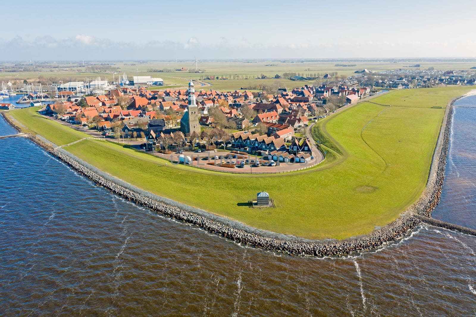 Aerial from the historical town Hindeloopen at the IJsselmeer in the Netherlands by devy