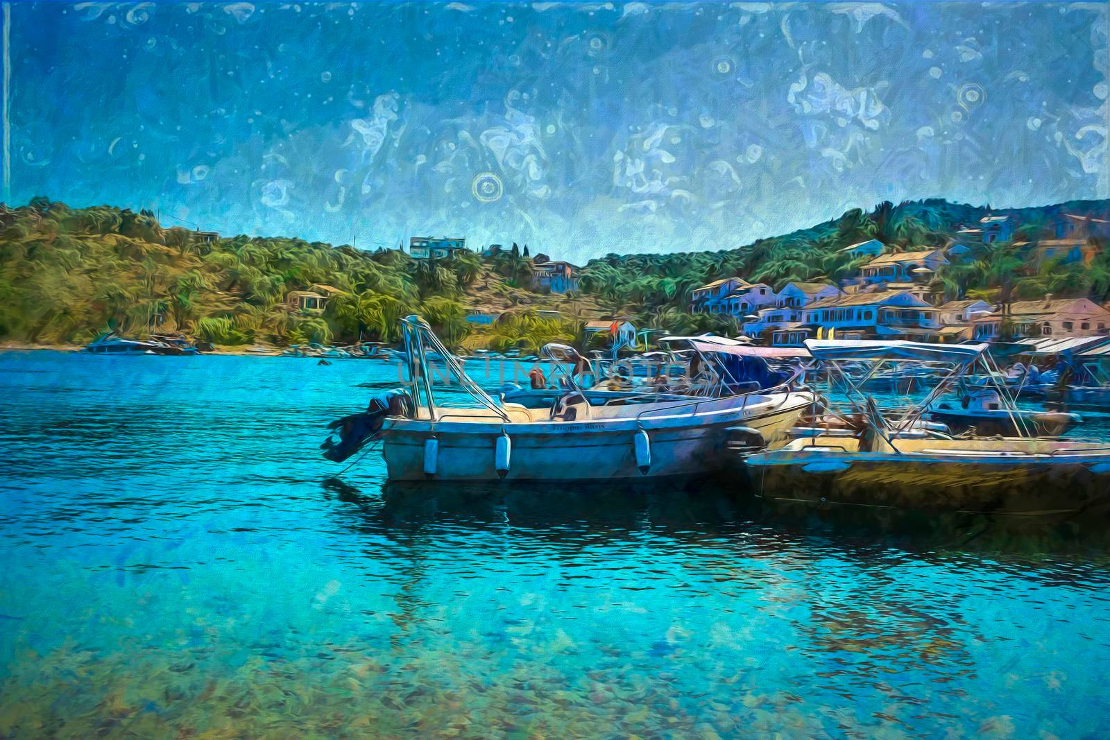 Boats in Corfu island, Greece in the summer - Digital paint