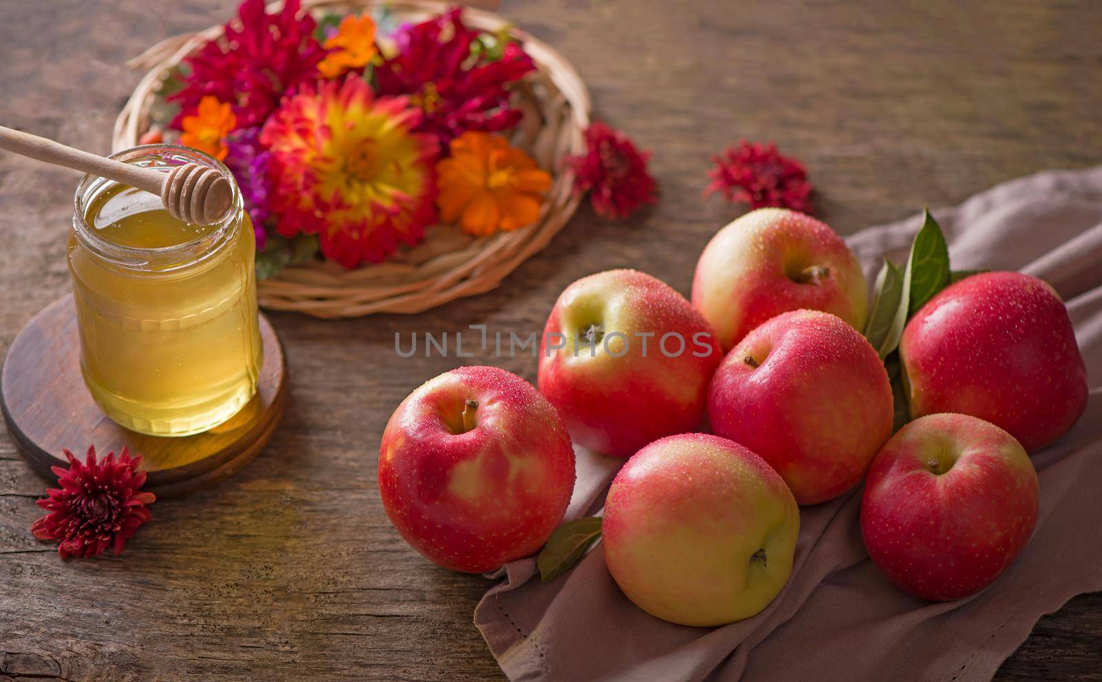 Apple and honey, traditional food. Selective focus. Copyspace background