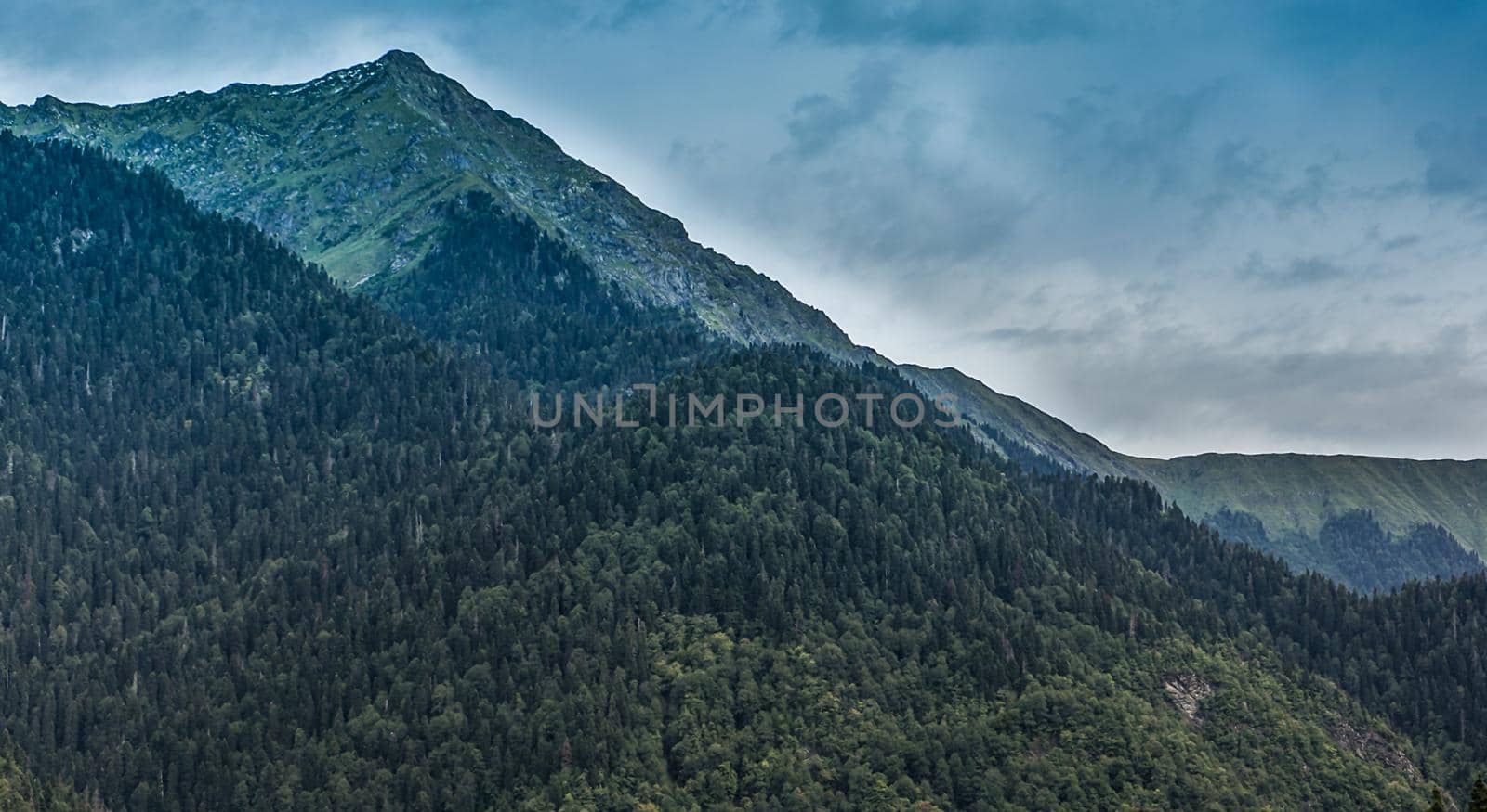 Natural landscape with mountains and forests against the sky. by Vvicca