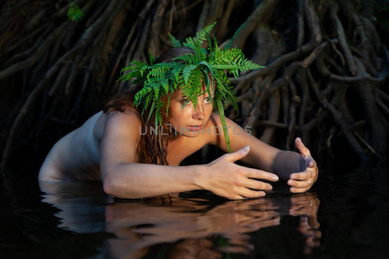 Nude woman with fern wreath in the forest river by palinchak