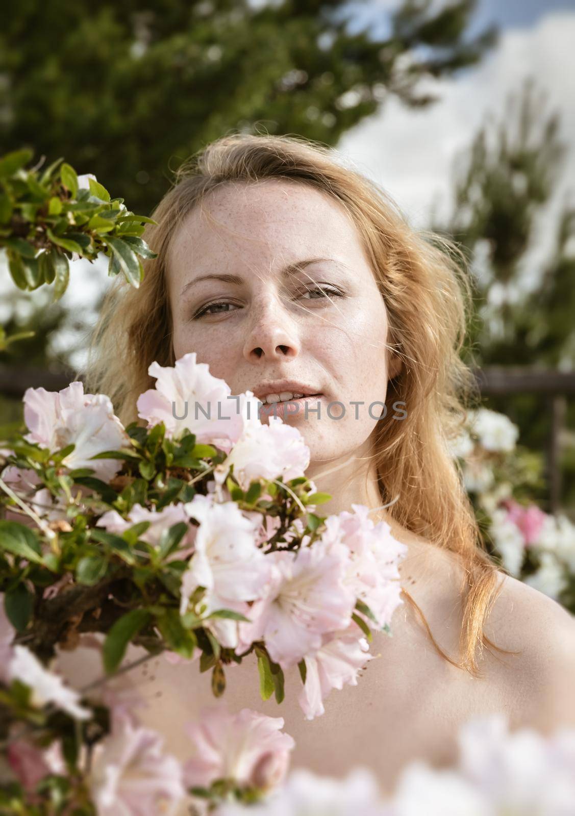 Beauty and youth concept. Portrait of a beautiful blonde young woman among the flowers of azalea
