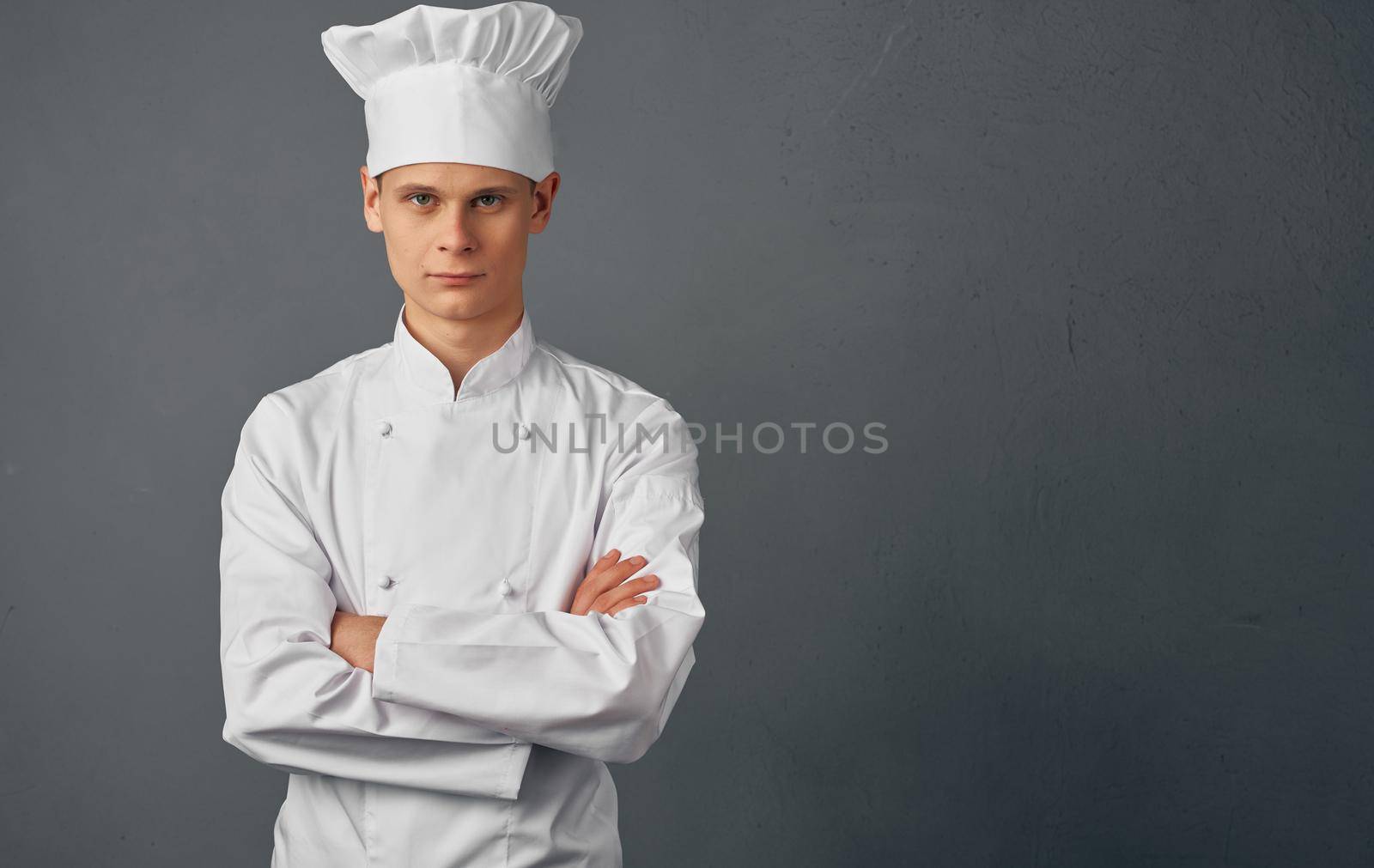 male chef cooking food hand gestures restaurant food preparation service. High quality photo