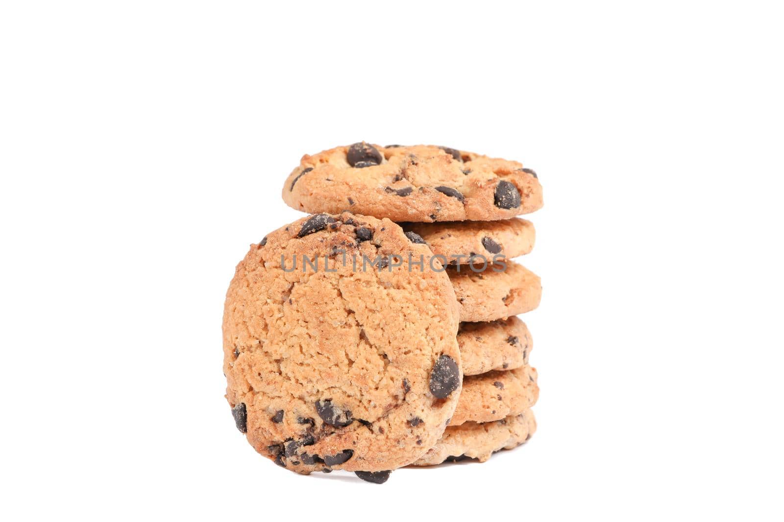 Stack of tasty chocolate chip cookies on white background