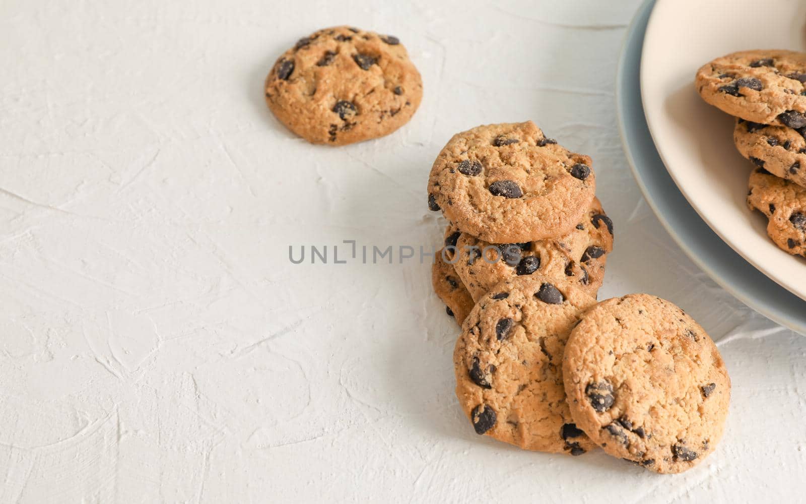 Plate with tasty chocolate chip cookies  on gray background. Space for text