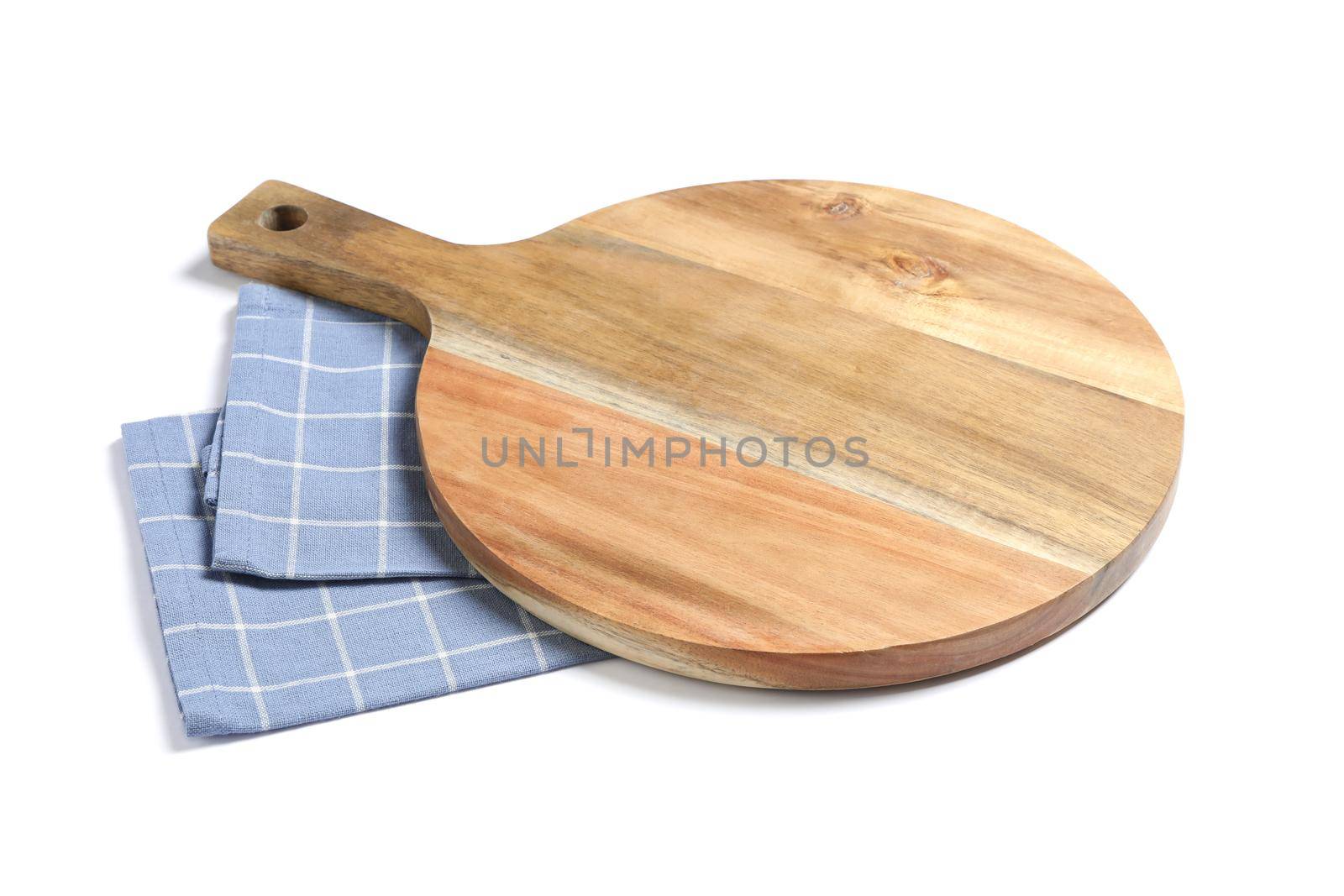 Cutting board with kitchen towel isolated on white background by AtlasCompany