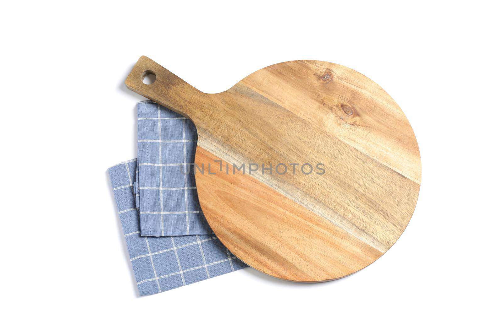 Cutting board with kitchen towel isolated on white background, top view by AtlasCompany