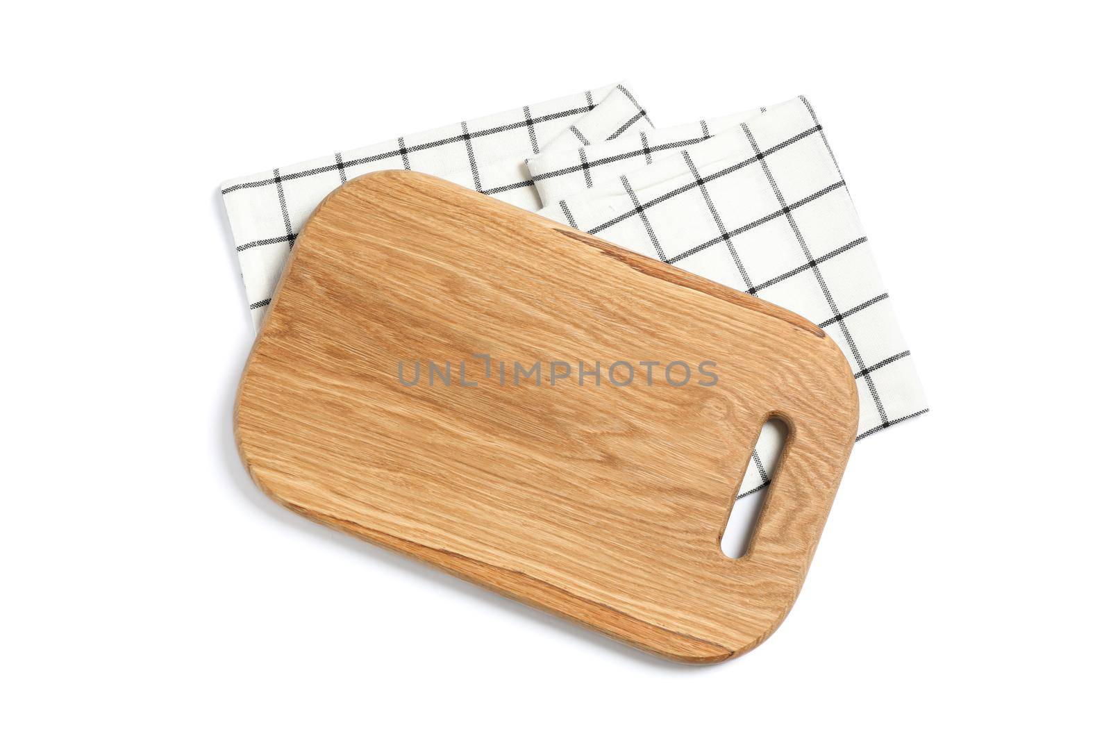 Cutting board with kitchen towel isolated on white background, top view by AtlasCompany